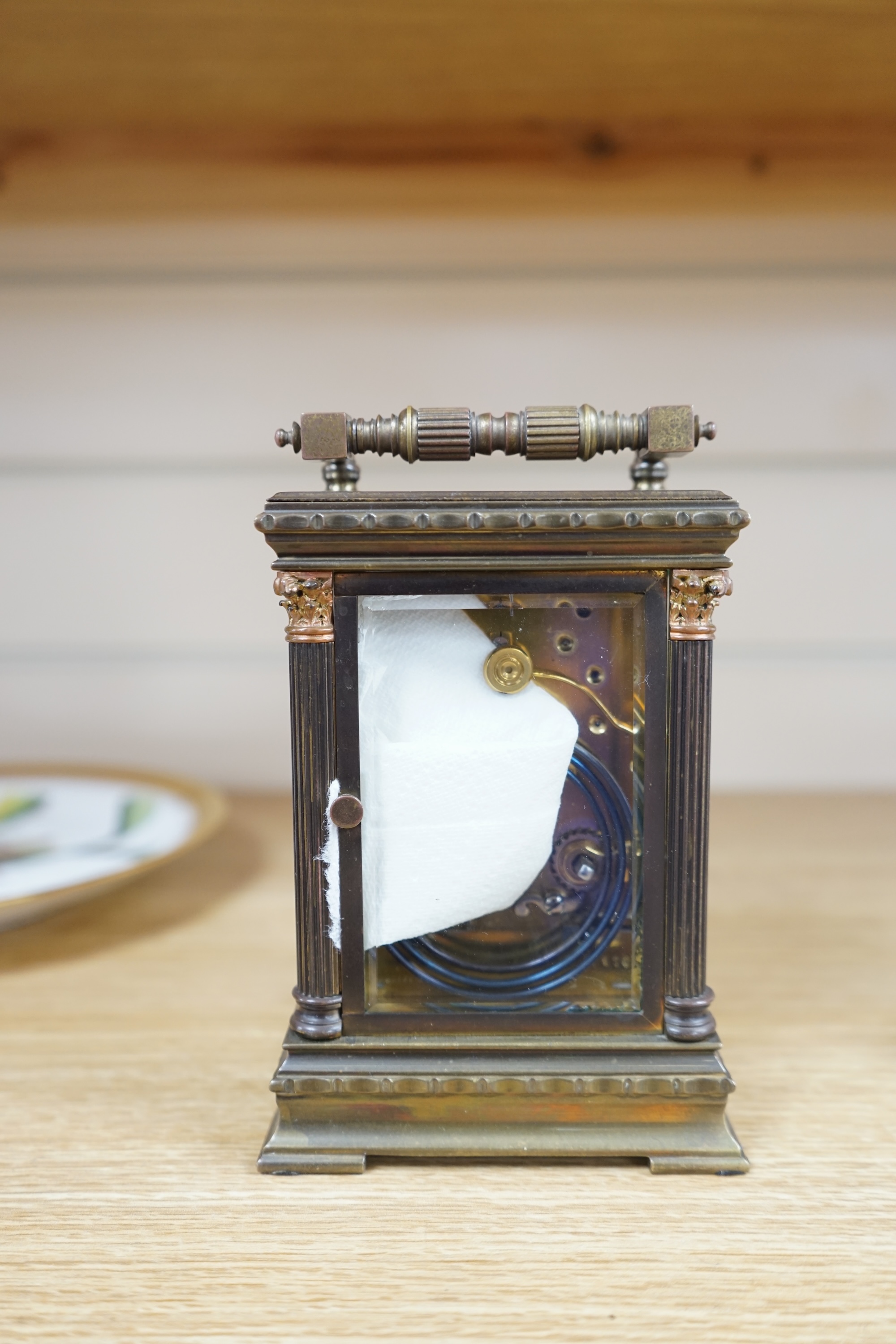 A French carriage timepiece in an architectural case, 18cm high. Condition - fair to good, untested